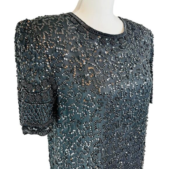 Vintage LAURENCE KAZAR Black Fully Beaded Shift Dress Short Sleeve Silk Art Deco - Picture 7 of 16